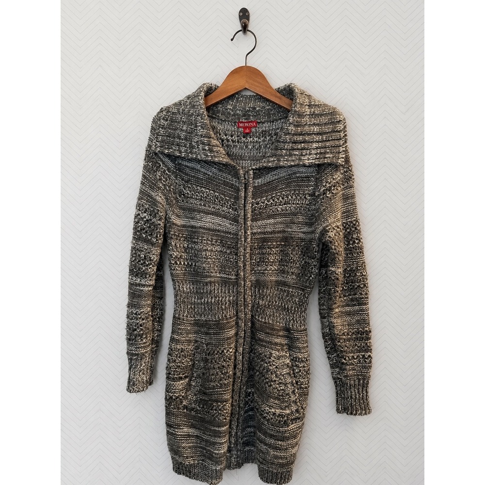 Merona Cardigan Sweater Full Zip Marled Chunky Knit Gray Small